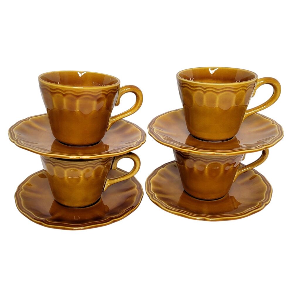 Amber Brown Ceramic Teacup and Saucer Set - 4-Piece